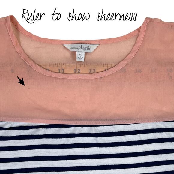 Charming Charlie Sleeveless Stripe Tee Shirt Blouse Sheer Peach Chiffon Shoulder - Picture 4 of 11